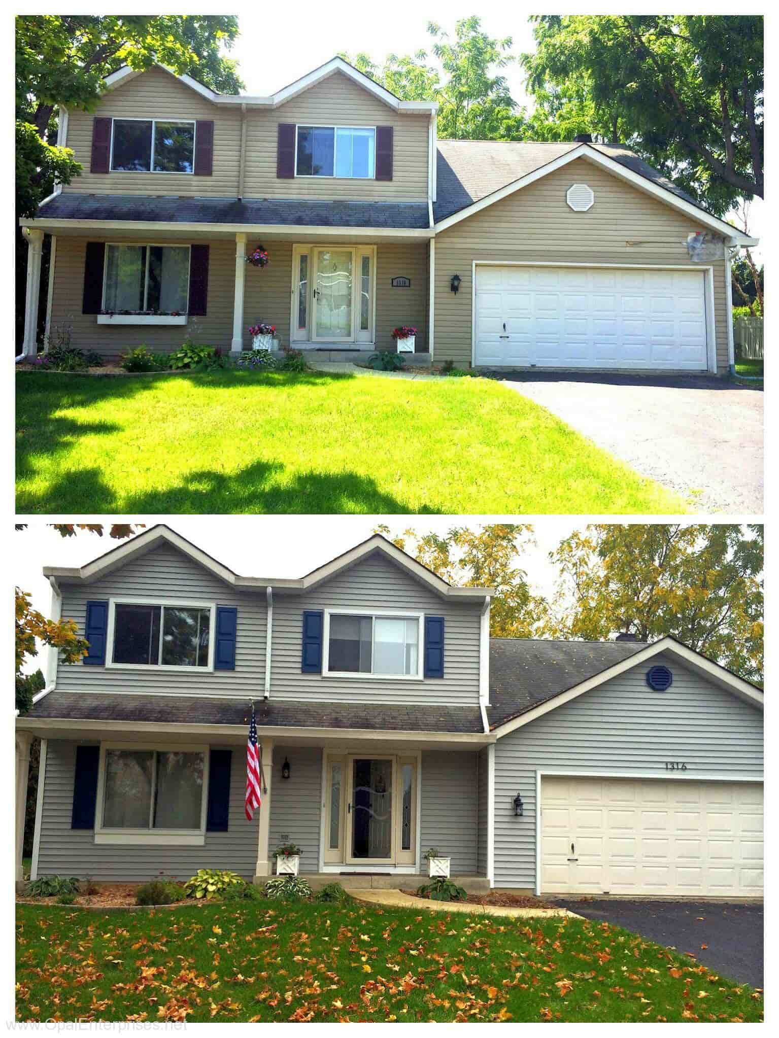 Before and After photo with new vinyl siding