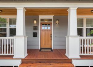 Facade of home with covered porch and door