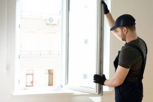 Handyman fixing the window